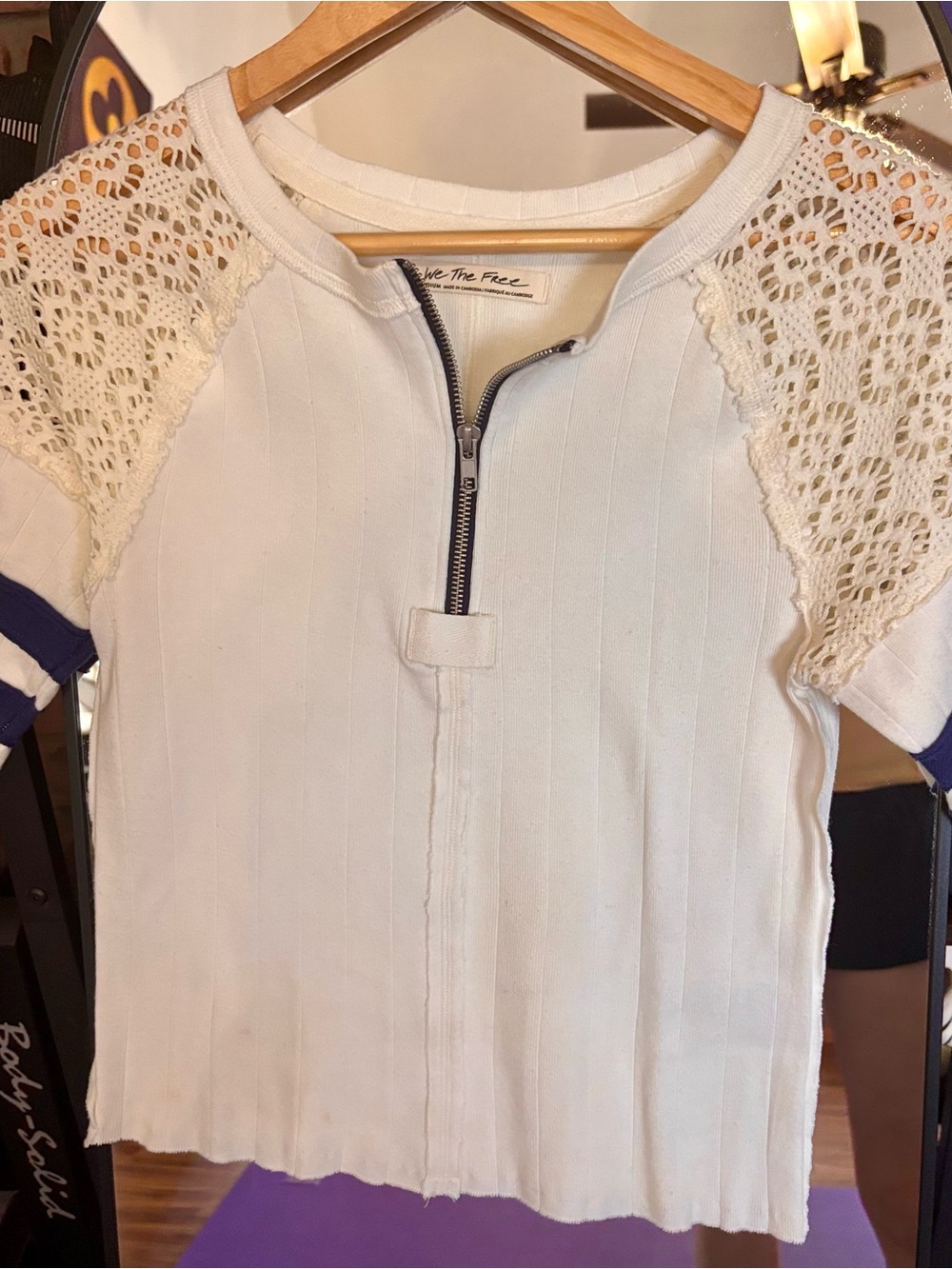 We The Free Cream Ribbed Top with Crochet Shoulders and Navy Trim